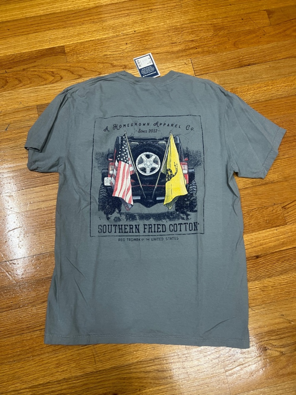 NWT Southern Fried Cotton Short-Sleeve Tee in Gray with Flag Graphic
